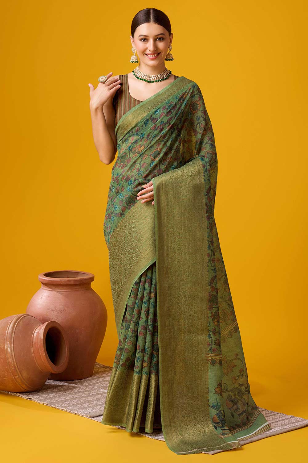 Green Cotton Woven Saree