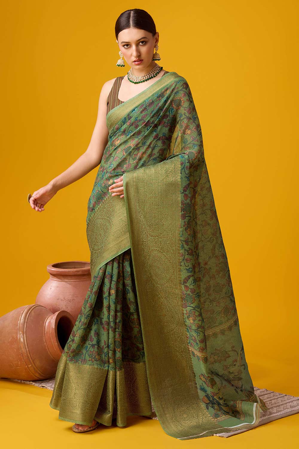 Green Cotton Woven Saree