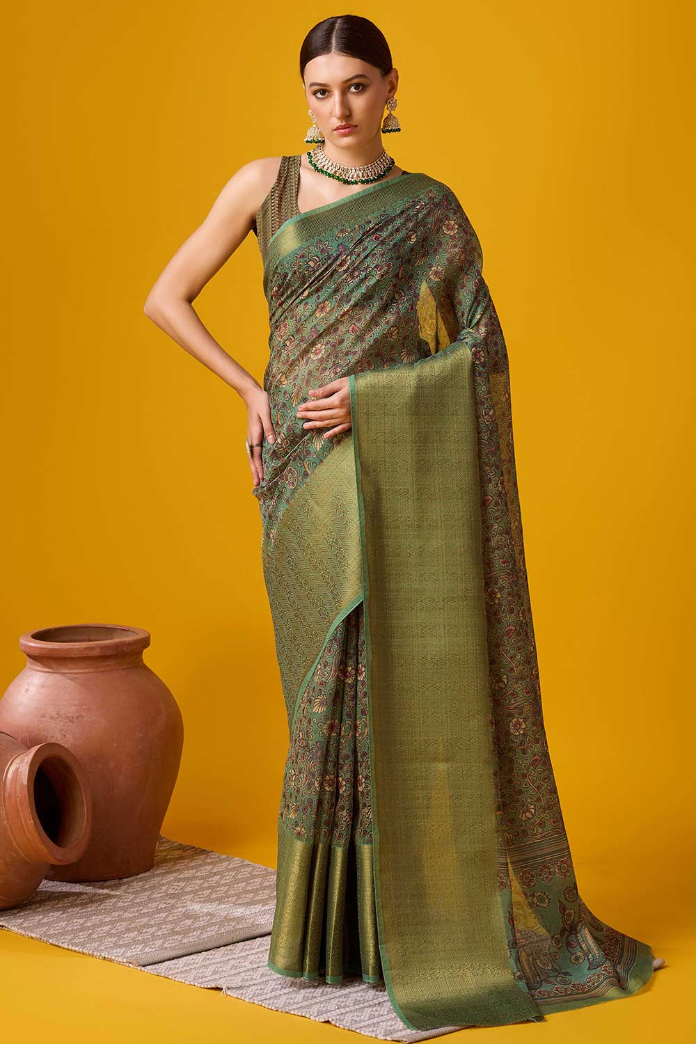 Green Cotton Woven Saree