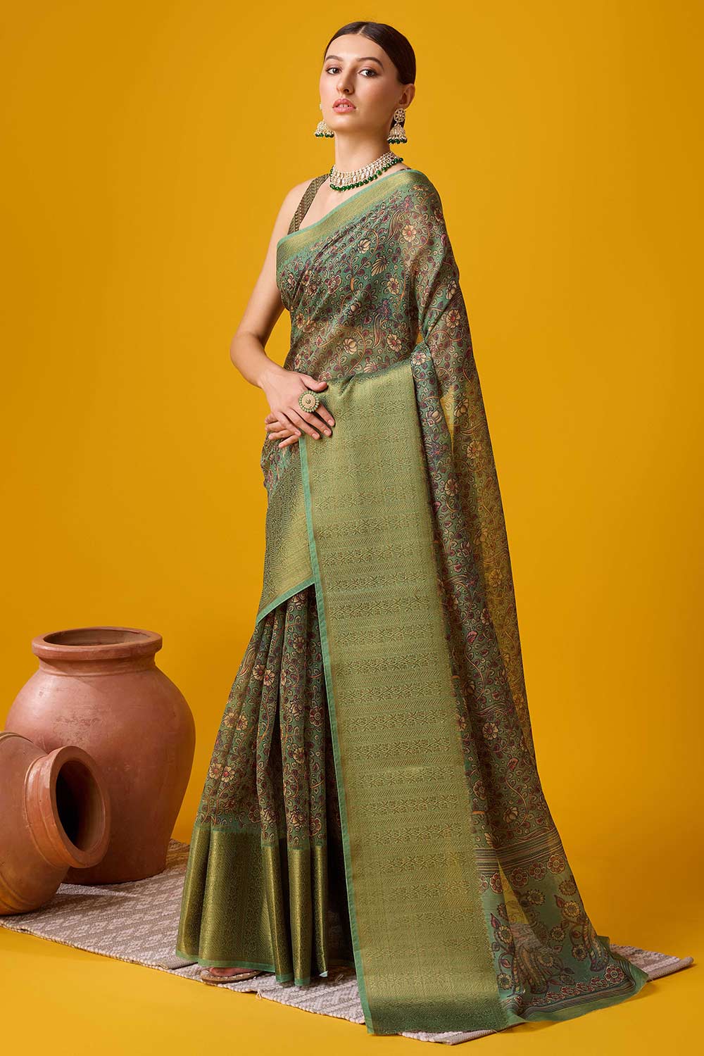 Green Cotton Woven Saree