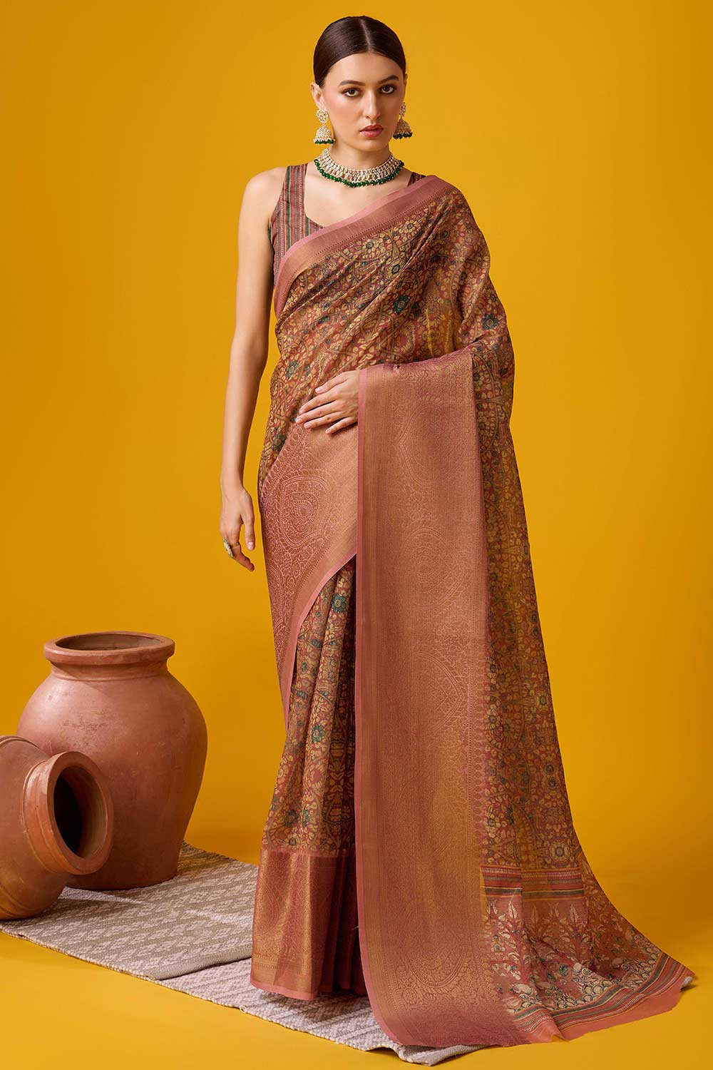 Brown Cotton Woven Saree