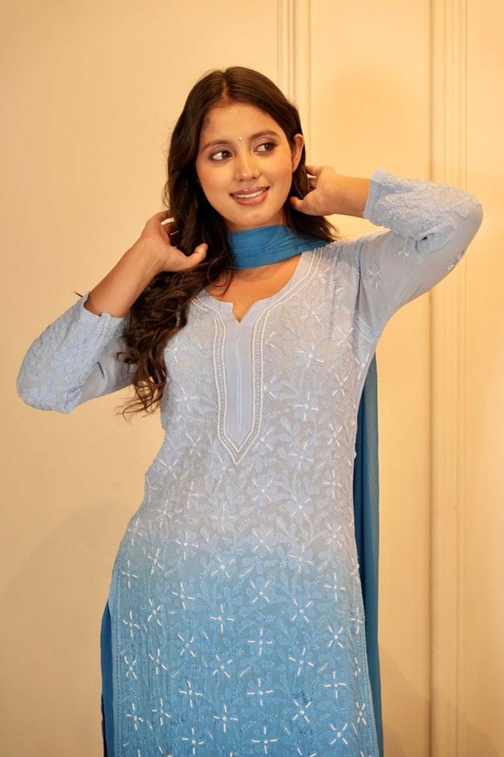 Sia chikankari and pearl work kurti in blue ombre'