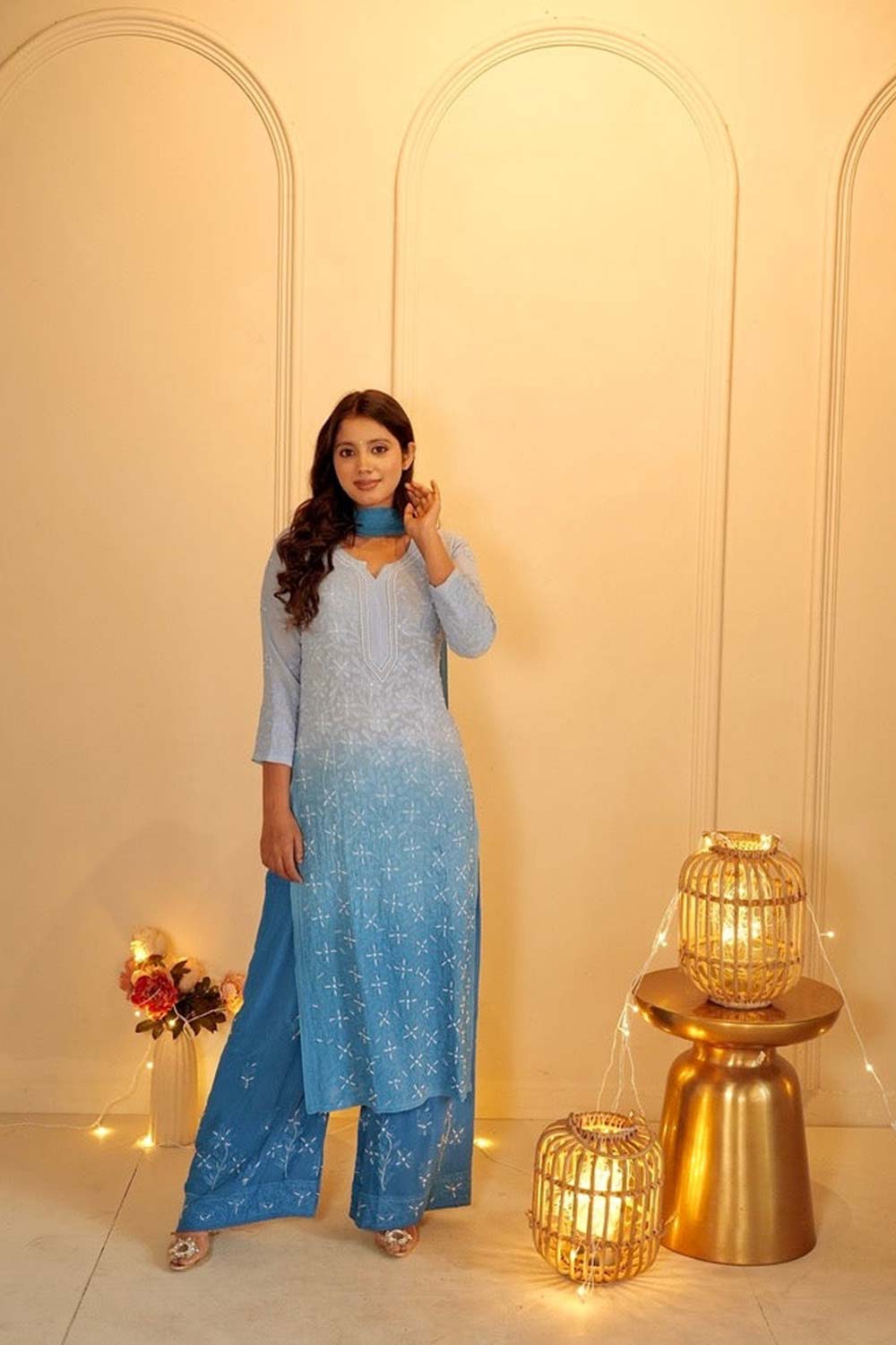 Sia chikankari and pearl work kurti in blue ombre'