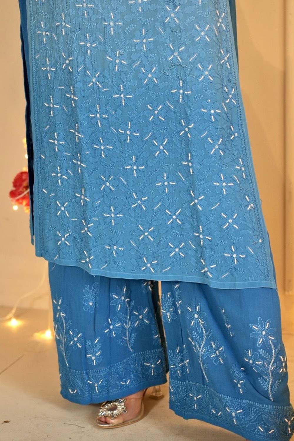 Sia chikankari and pearl work kurti in blue ombre'