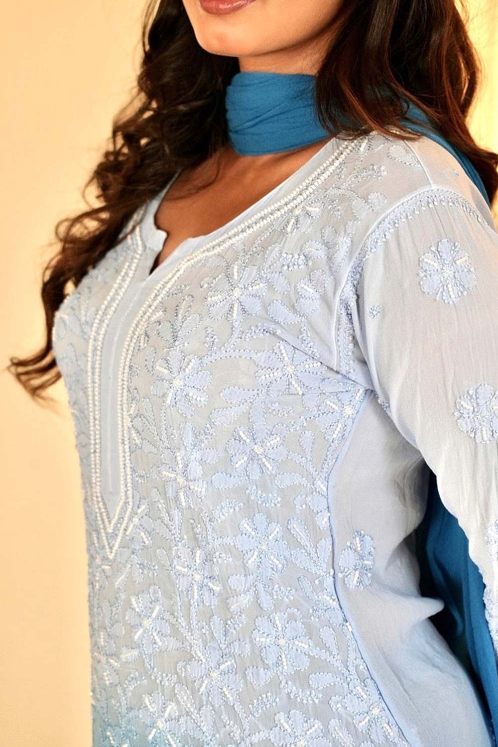 Sia chikankari and pearl work kurti in blue ombre'