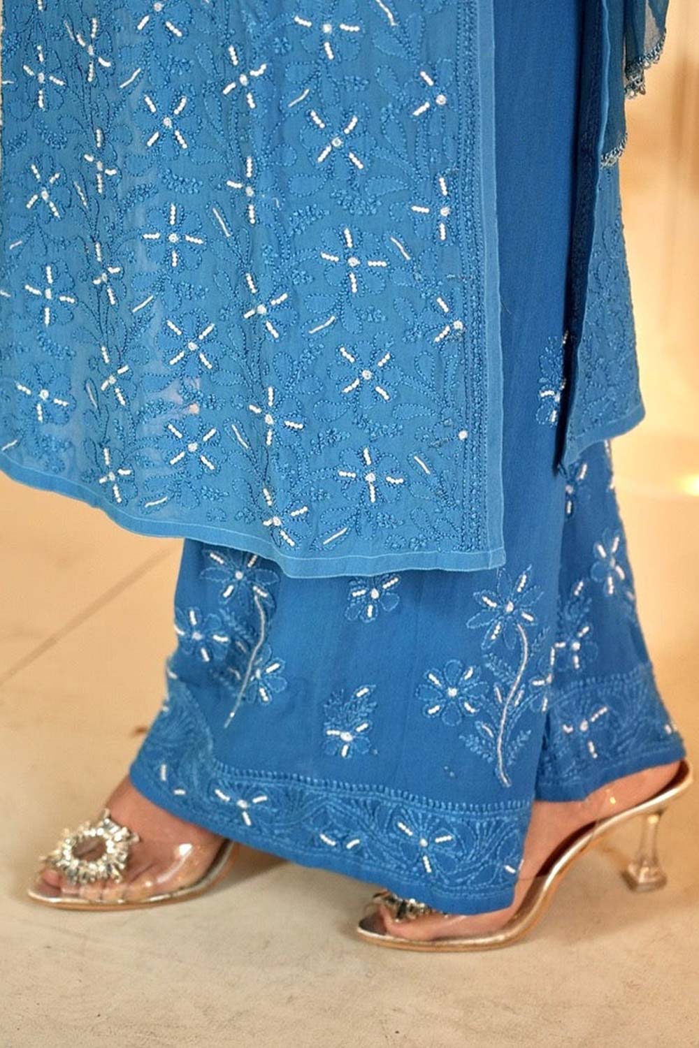 Sia chikankari and pearl work kurti in blue ombre'