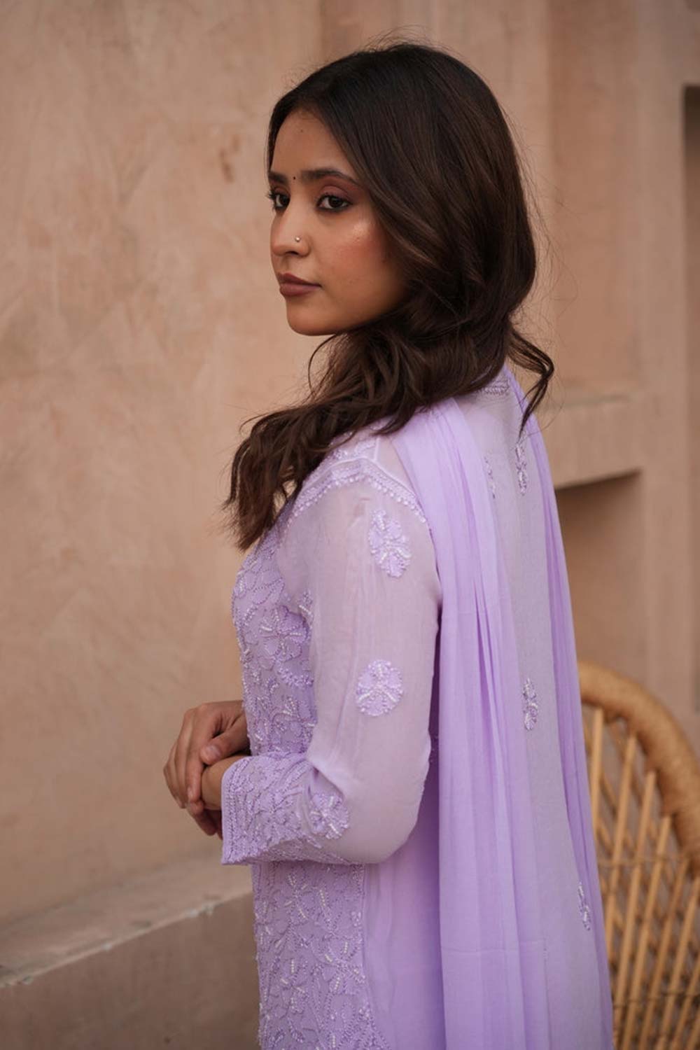 Sia chikankari and pearl work kurti in Lavender