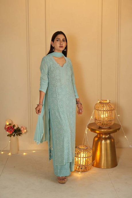 Sia chikankari and pearl work kurti in Sea green