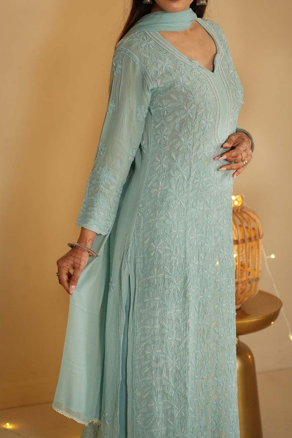 Sia chikankari and pearl work kurti in Sea green