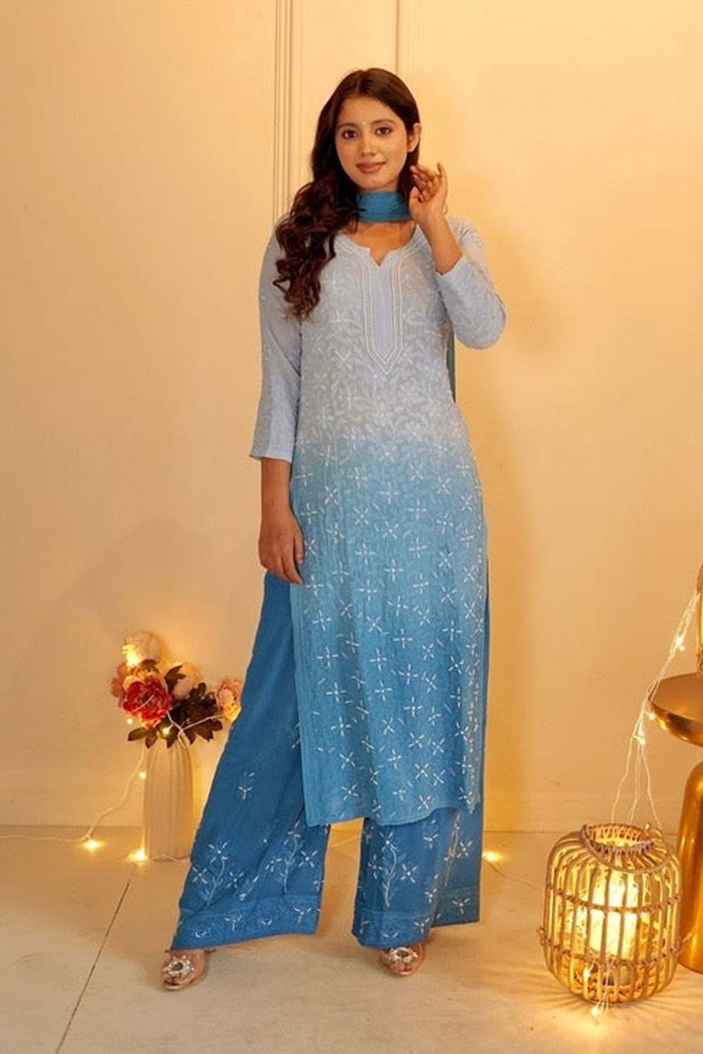 Sia chikankari and pearl set in Blue ombre'