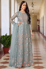 Light Grey Net Embroidered Round Neck Anarkali Suit