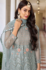 Light Grey Net Embroidered Round Neck Anarkali Salwar Kameez