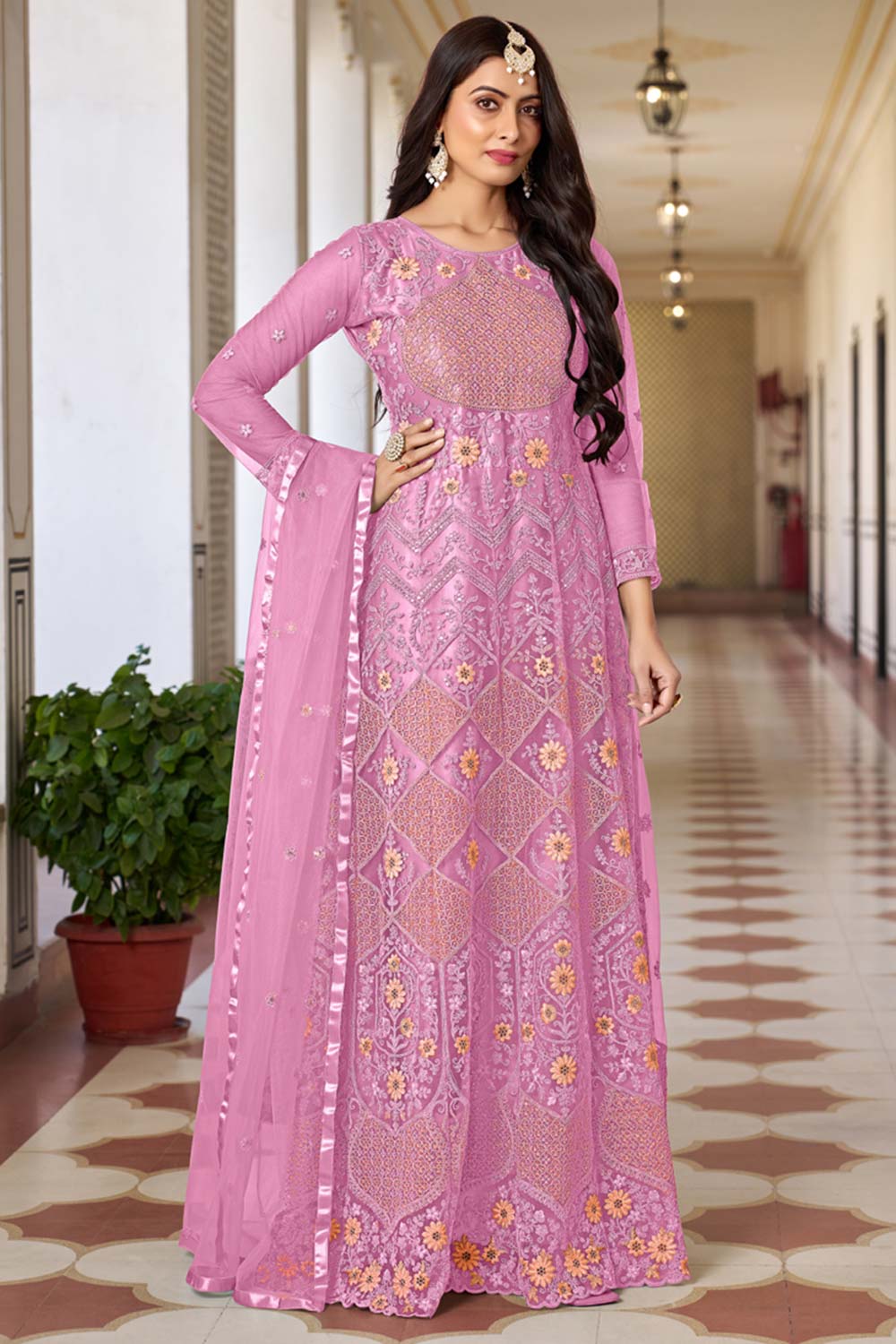 Pink Net Embroidered Round Neck Anarkali Suit