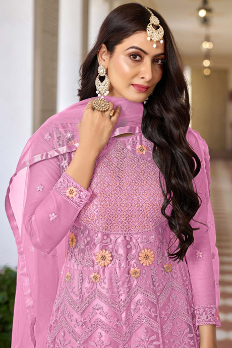 Pink Net Embroidered Round Neck Anarkali Suit