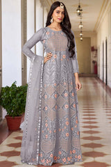 Grey Net Embroidered Round Neck Anarkali Salwar Kameez