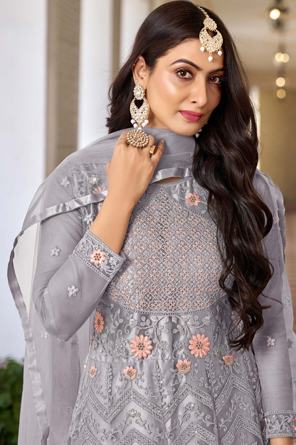 Grey Net Embroidered Round Neck Anarkali Salwar Kameez