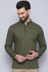 Men's Green Cotton Solid Short Kurta