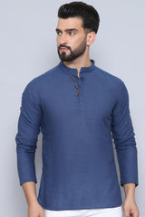 Men's Blue Cotton Solid Short Kurta