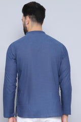 Men's Blue Cotton Solid Short Kurta