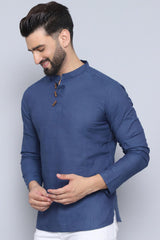 Men's Blue Cotton Solid Short Kurta