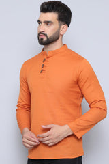 Men's Orange Cotton Solid Short Kurta