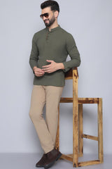 Men's Green Cotton Solid Short Kurta