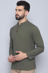 Men's Green Cotton Solid Short Kurta