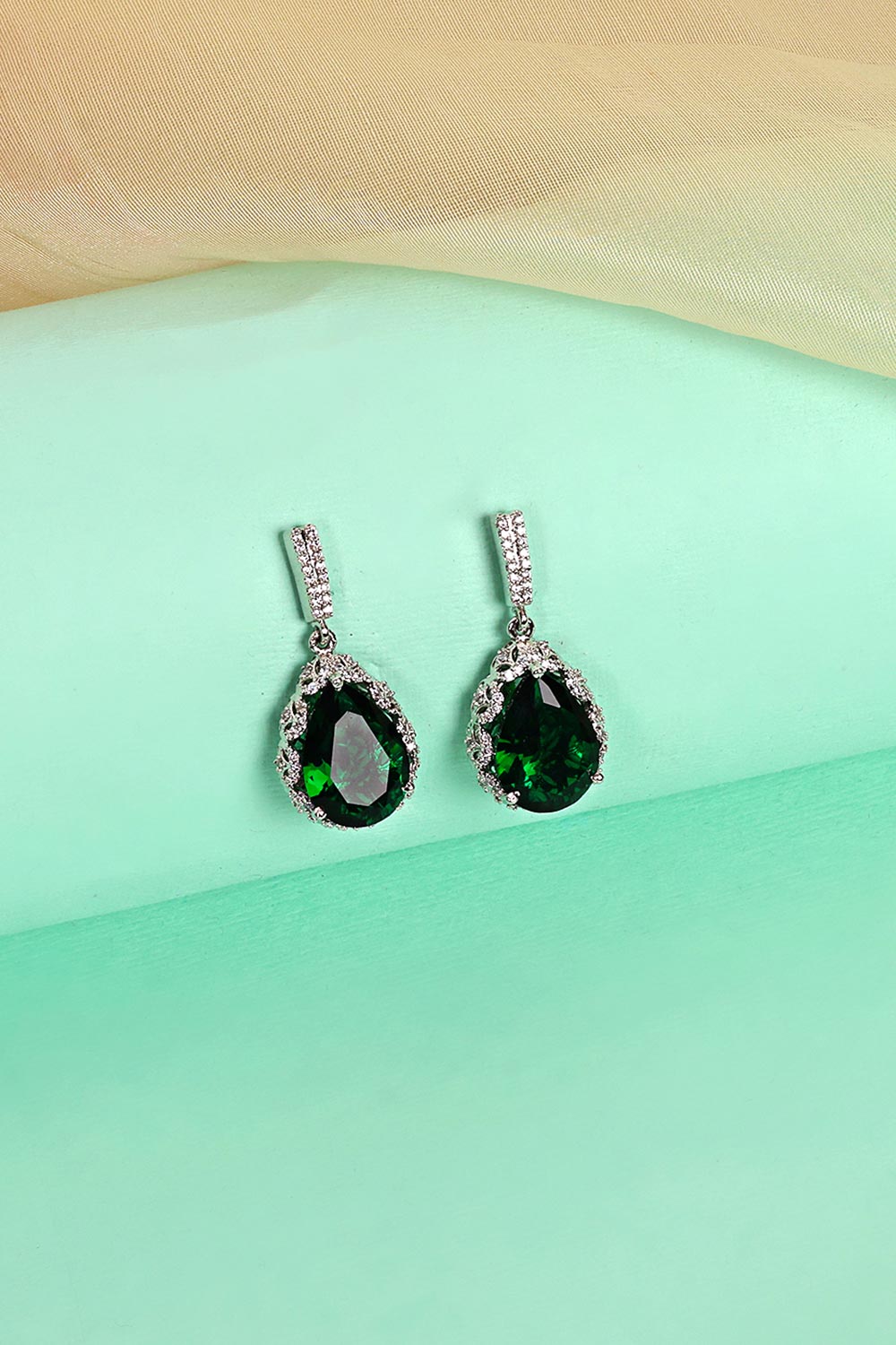 Silver Plated Emerald CZ Tear Drop Earring