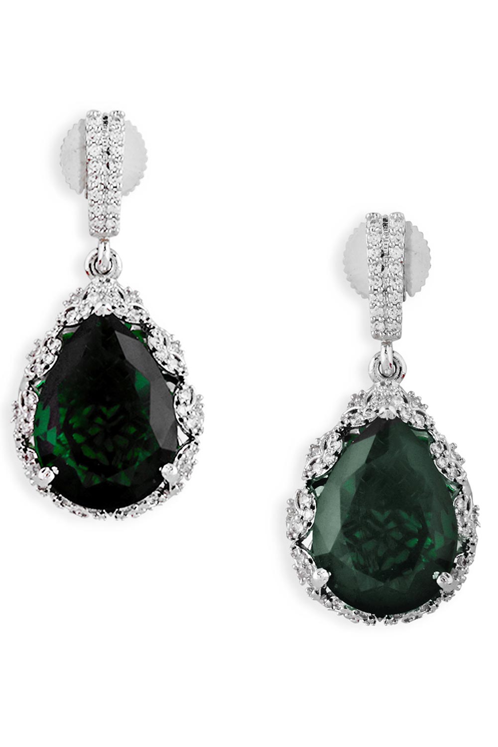 Silver Plated Emerald CZ Tear Drop Earring