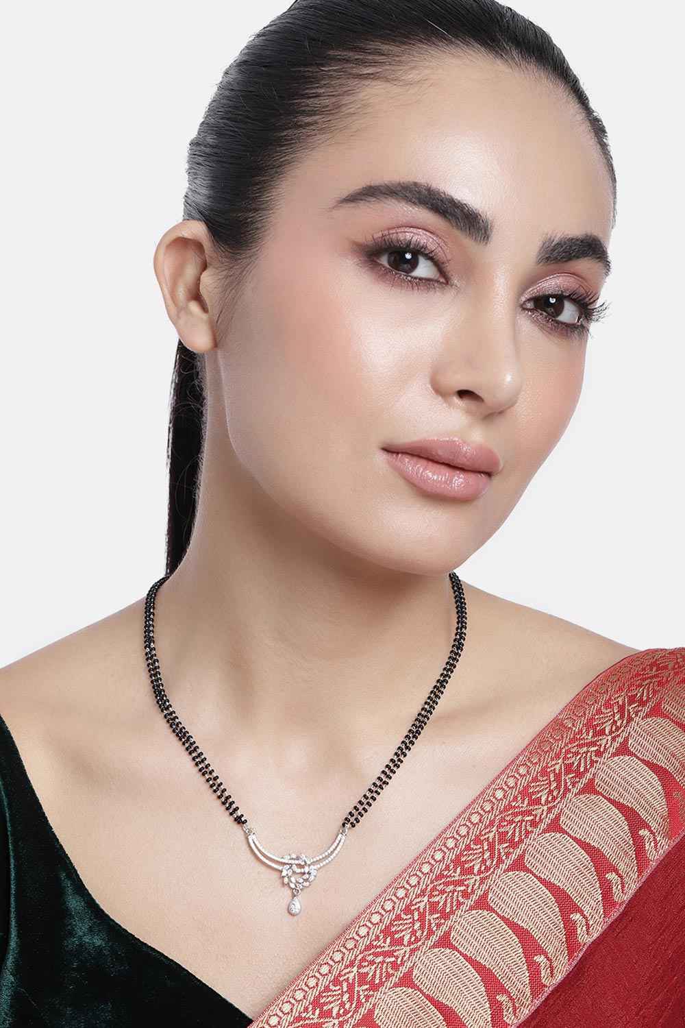 Silver Plated American Diamond And Black Beaded Mangalsutra