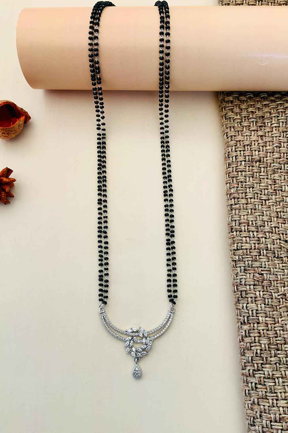 Silver Plated American Diamond And Black Beaded Mangalsutra