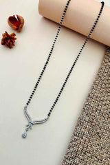 Silver Plated American Diamond And Black Beaded Mangalsutra