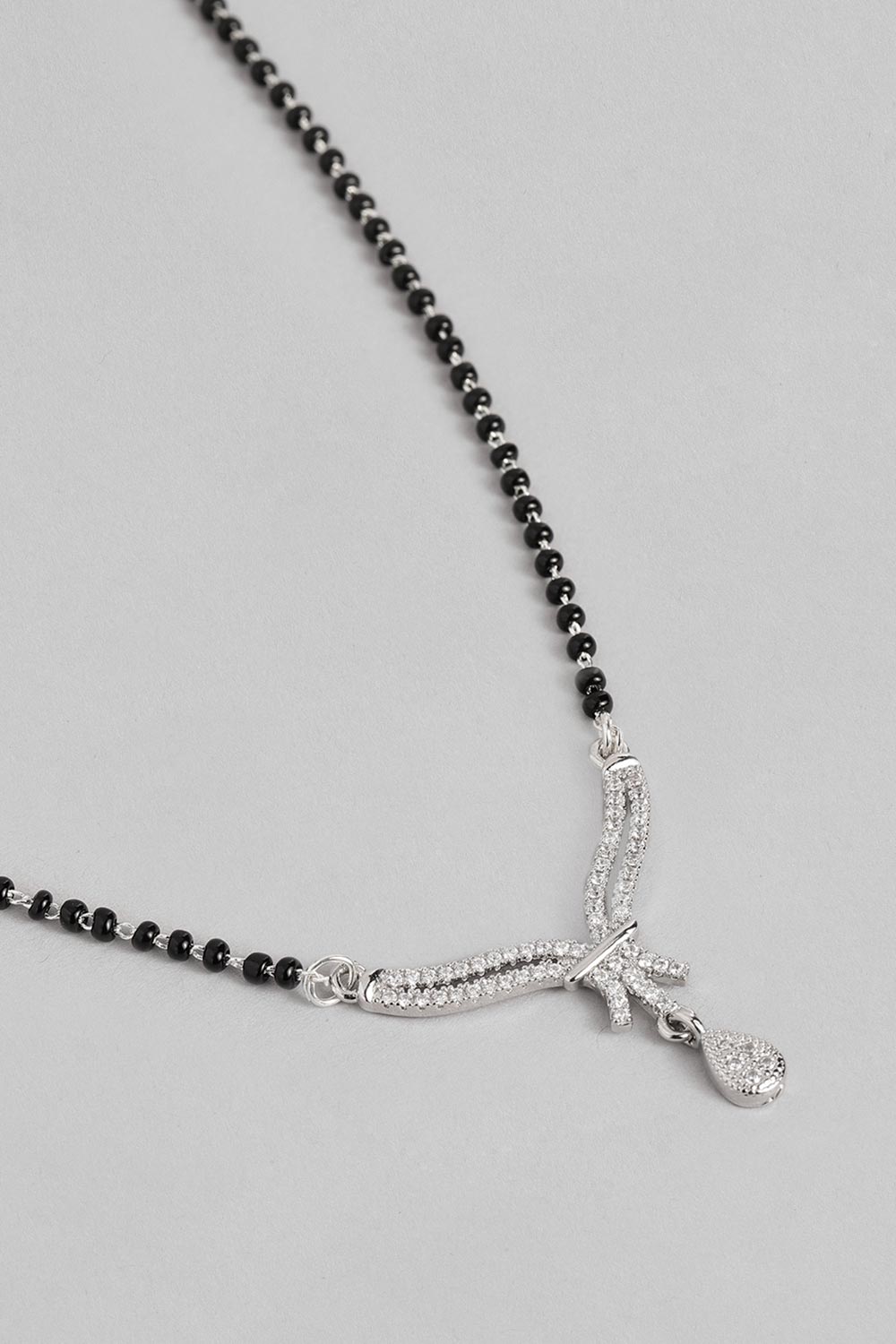 Silver Plated American Diamond And Black Beaded Mangalsutra