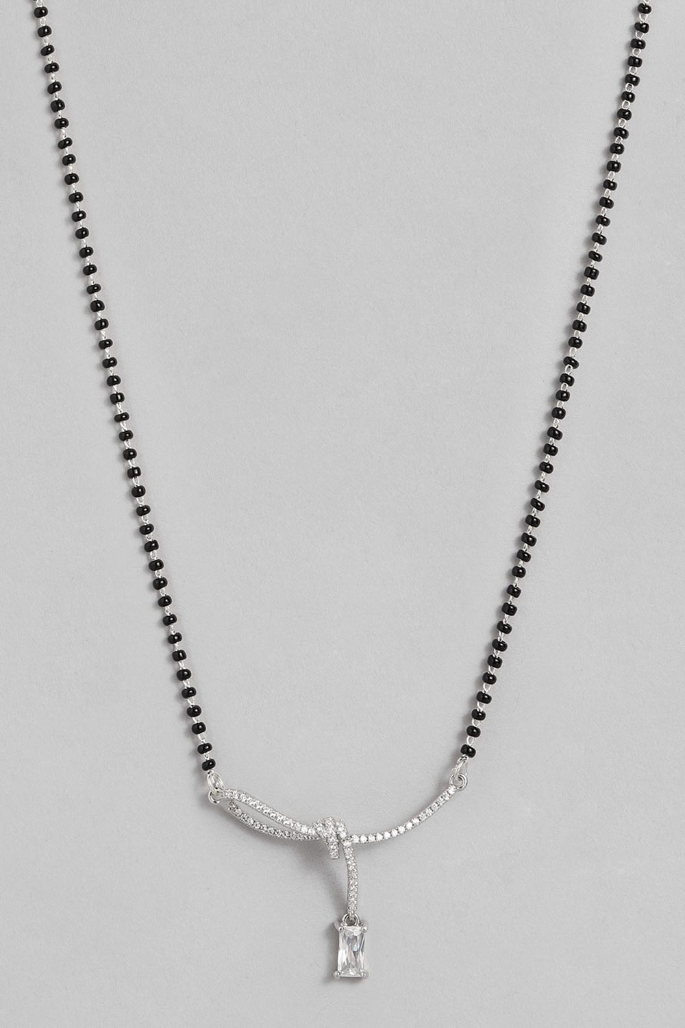 Silver Plated American Diamond And Black Beaded Mangalsutra