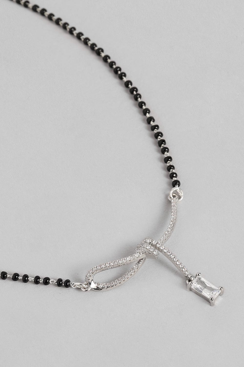 Silver Plated American Diamond And Black Beaded Mangalsutra