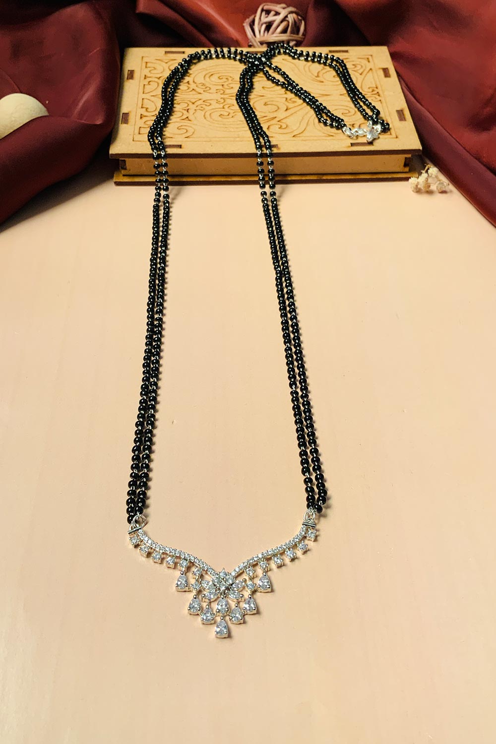 Long Silver Plated American Diamond And Black Beaded Mangalsutra