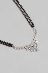 Long Silver Plated American Diamond And Black Beaded Mangalsutra