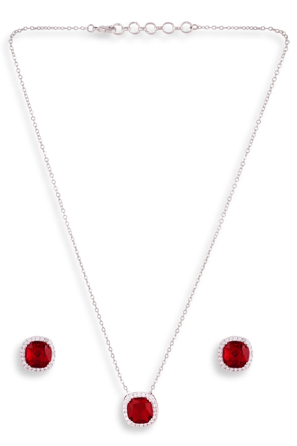 Ruby Silver American Diamond Chain With Pair Of Earrings