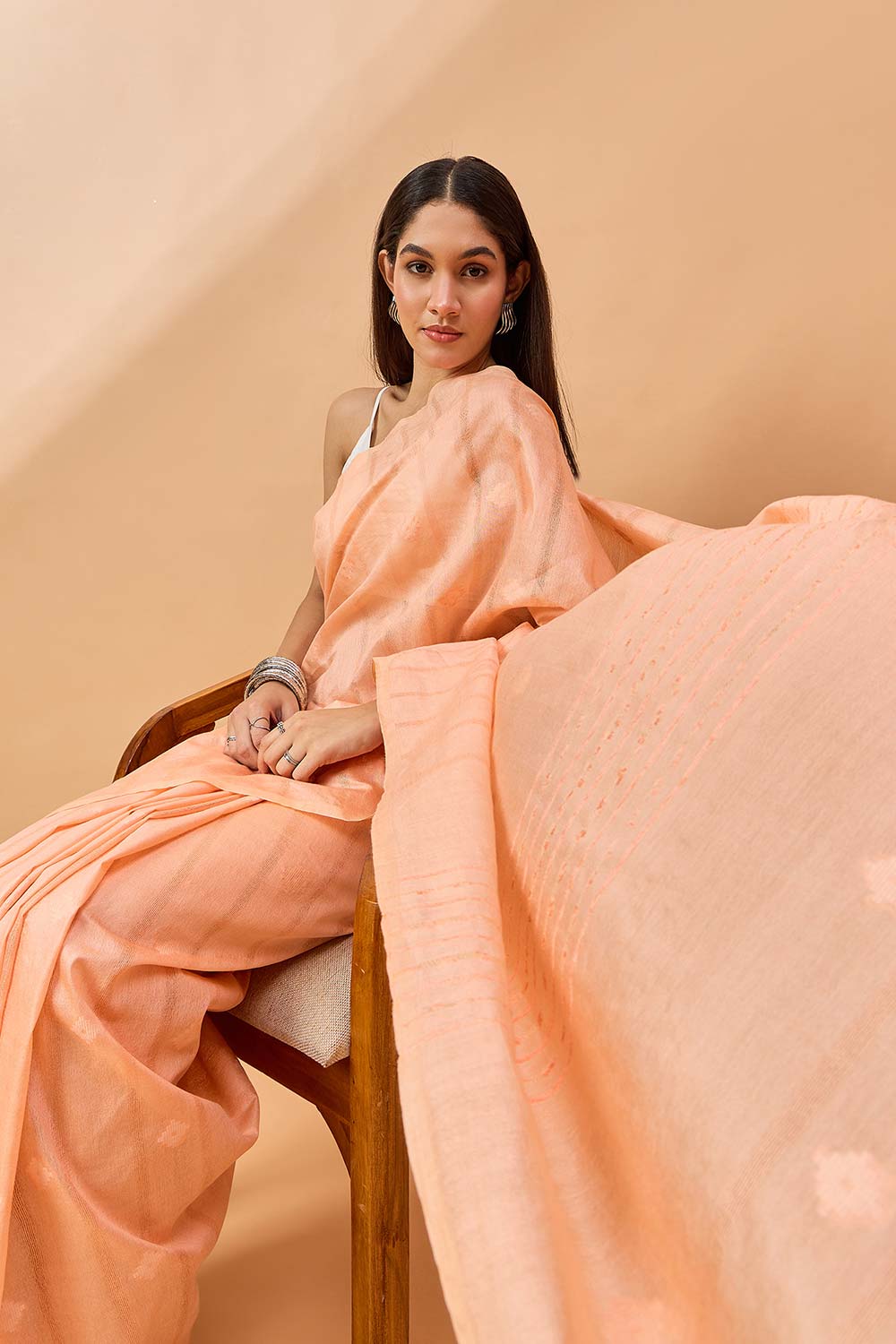 Peach Silk Blend Woven Saree