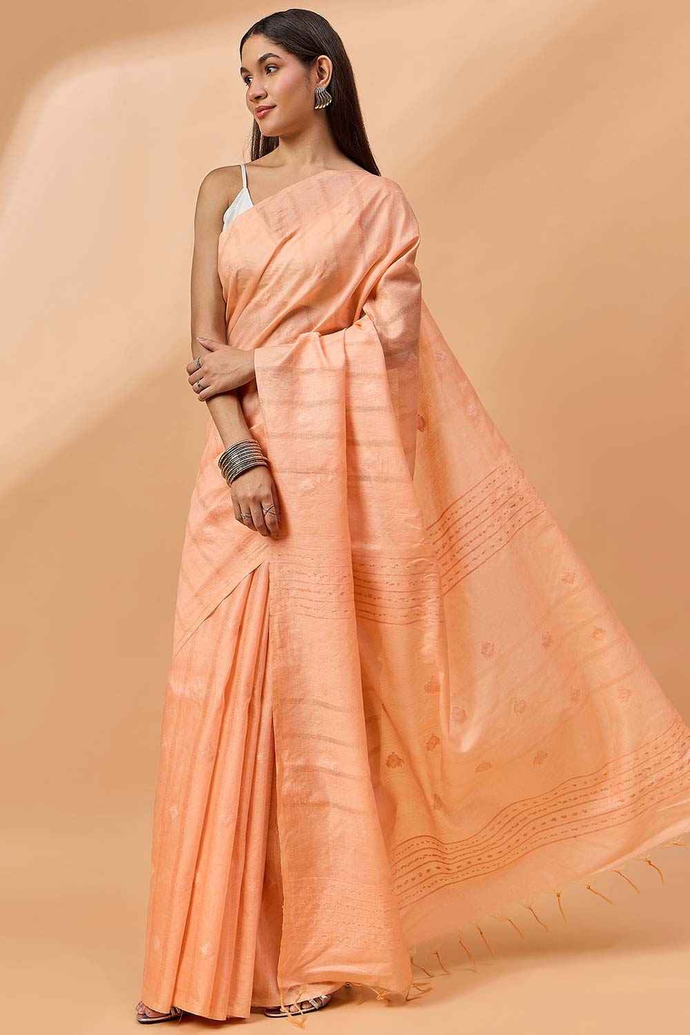 Peach Silk Blend Woven Saree