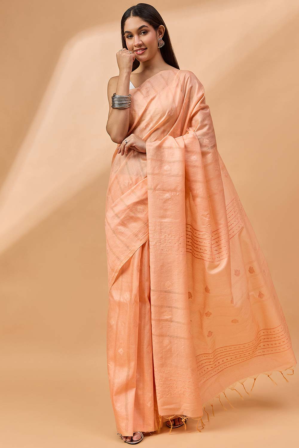 Peach Silk Blend Woven Saree