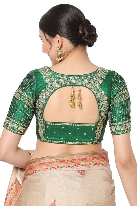 Women's Green Silk Blend Embroidered Readymade Saree Blouse