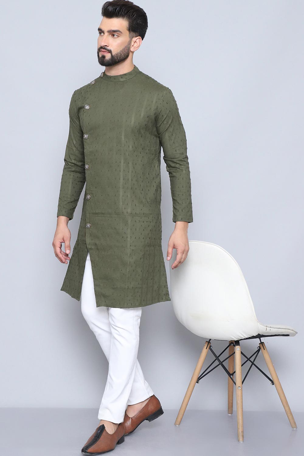 Men's Green Cotton Solid Long Kurta