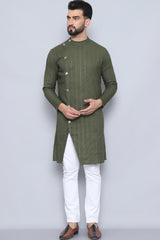 Men's Green Cotton Solid Long Kurta