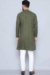 Men's Green Cotton Solid Long Kurta