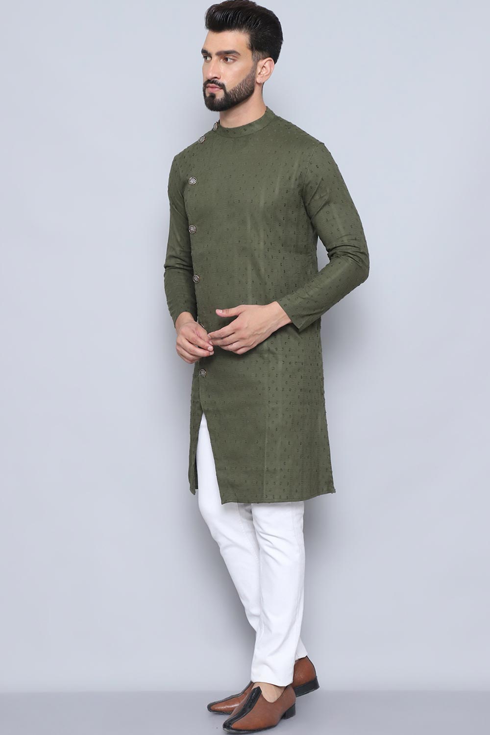 Men's Green Cotton Solid Long Kurta