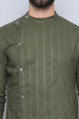 Men's Green Cotton Solid Long Kurta