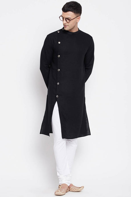 Men's Pure Cotton Solid Sherwani Kurta Top In Black