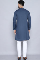 Men's Blue Cotton Solid Long Kurta