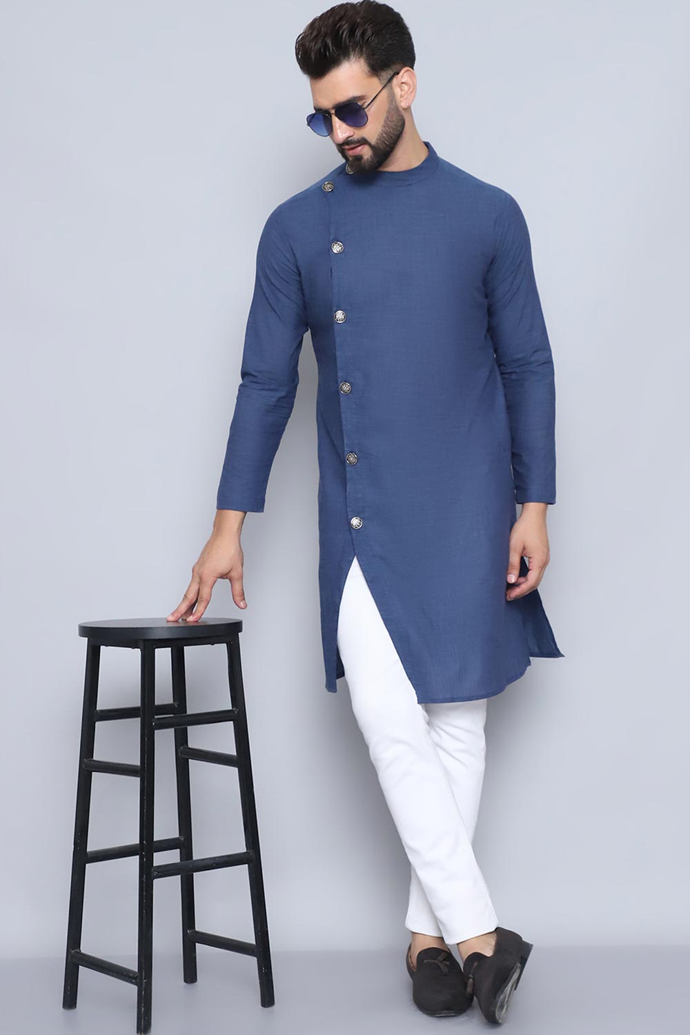 Men's Grey Cotton Solid Long Kurta